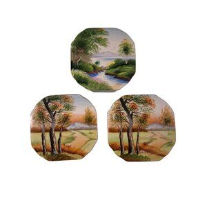 Set Of 3 Kasuga Ware Hand Painted Octagonal Porcelain Wall Pocket Planter Vase